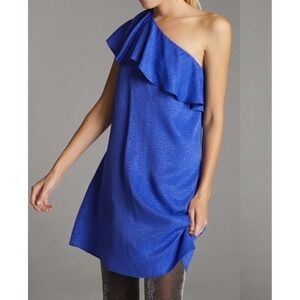 Anthropologie One Shoulder Ruffle‎ Mini Dress Women's 12P Blue Animal Print